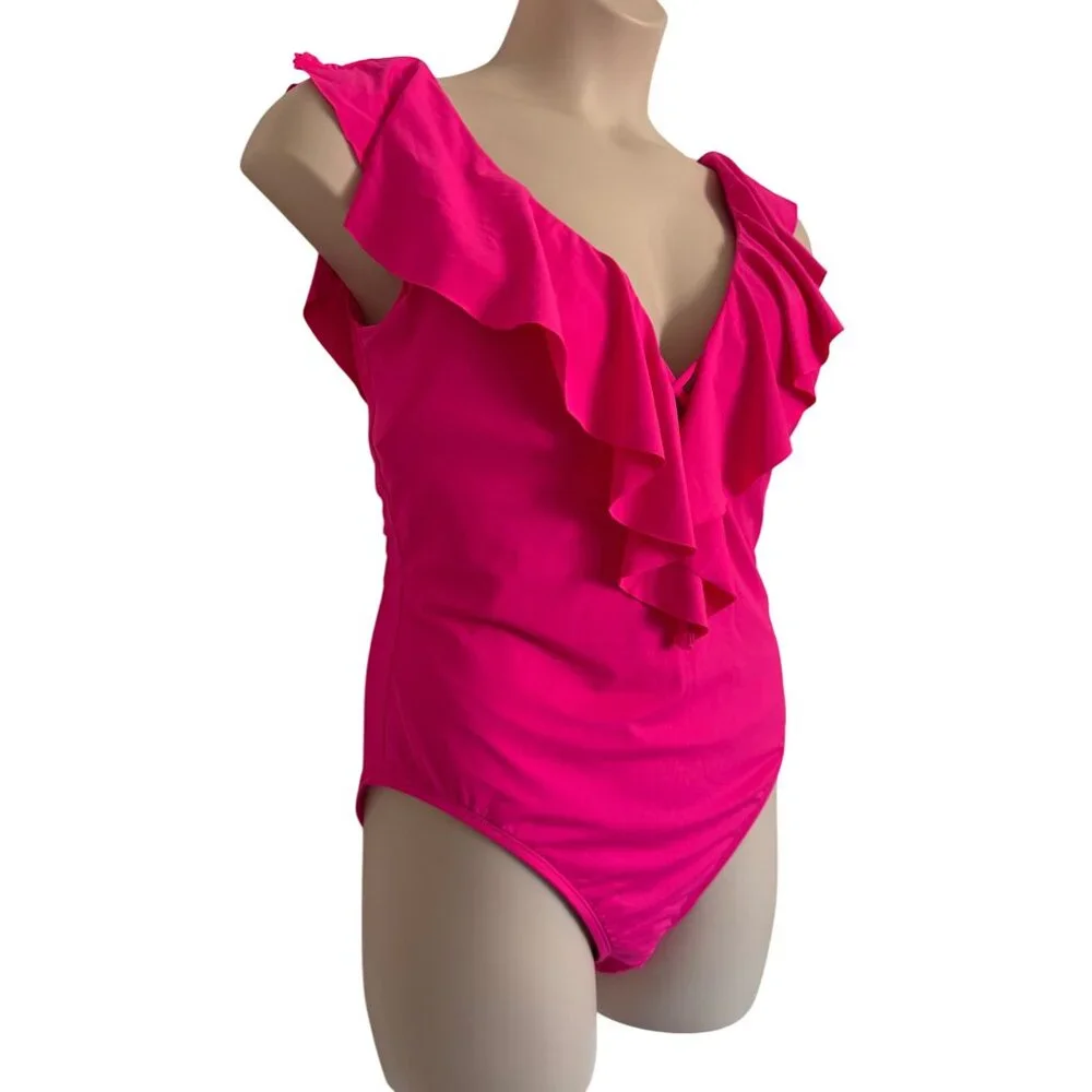 La Blanca Island Goddess Plunge Size 16 Ruffle One Piece Swimsuit Pop Pink NWT $